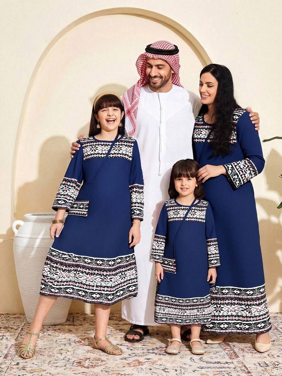 Girls Navy Blue Autumn Long Sleeve Tunic Dress,Modest Round Neck Flared Hem Print Polyester Dress For Family Matching,Elegant Party Streetwear Outfits - Blue - View 1