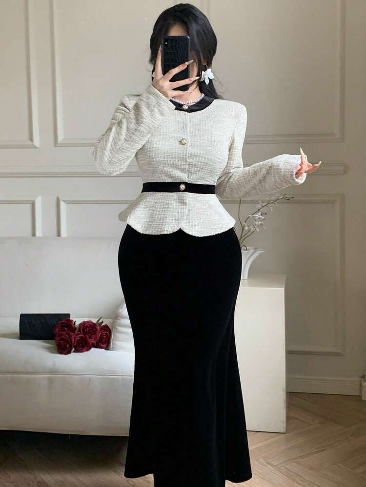 Women's Colorblock Waist Cinched Top And Velvet Straight Skirt Elegant 2 Pieces Set