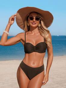 Swim Lushoire New Knitted Jacquard Fabric Spaghetti Strap Push Up Back Tie Women Elegant Swimsuit 2 Pieces Set, Spring/Summer - Coffee Brown - View 4