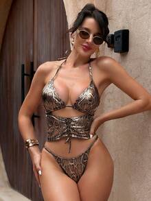 Swim SXY 2pcs/Set Women's Sexy Snake Skin Print V-Neck Spaghetti Strap Tie Camisole & Bikini Set, Summer - Multicolor - View 4