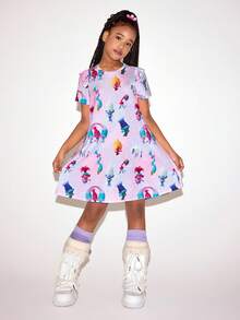 SHEIN Trolls Tween Girl Casual Cartoon Pattern Round Neck Short Sleeve Dress, Summer - Pink - View 1