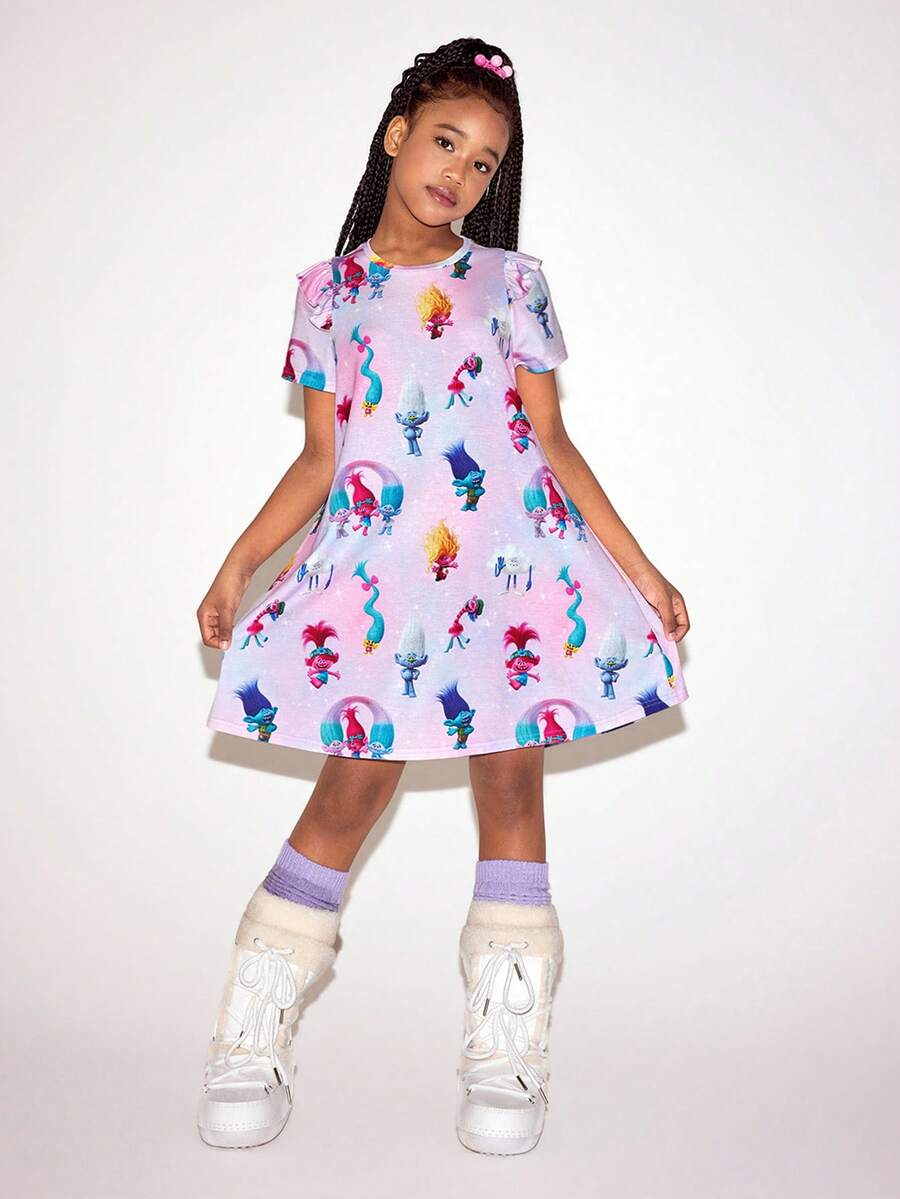 SHEIN Trolls Tween Girl Casual Cartoon Pattern Round Neck Short Sleeve Dress, Summer - Pink - View 1