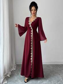 Elenzga Vestido romántico de línea A con cuello en V y cintura recogida, color borgoña