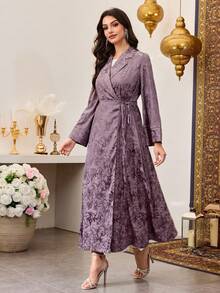 Al Najma Women's Purple Woven Jacquard Long Sleeve Tie-Front Elegant Abaya