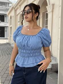 SHEIN ICON Plus Size Solid Color Square Neck Ruched Bust Short Sleeve Denim Blouse - Light Wash - View 7