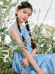 DAZY 少女荷叶边下摆圆领前扣无袖连衣裙 - 藍色 - 查看 3