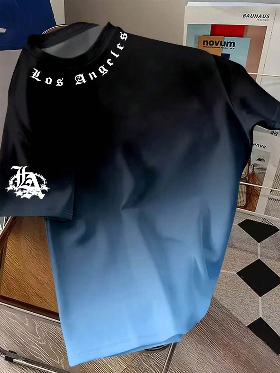 Manfinity Dauomo 男士休闲渐变字母印花短袖T恤，夏季 - 彩色 - 查看 1