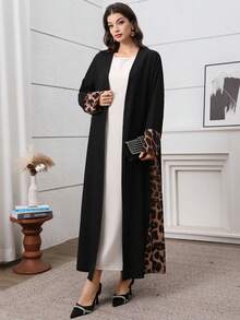 Al Najma Long Sleeve Woven Fabric Modest Abaya With Random Leopard Print And Split Hem - Black - View 3