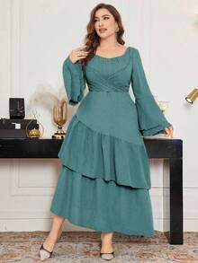 Modelyn Vestido de mujer talla grande con mangas acampanadas, dobladillo con volantes y cintura recogida, elegante para primavera/verano - Verde - Ver 4