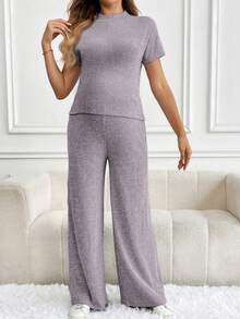 SHEIN Maternity Solid Color Short Sleeve Ribbed T-Shirt And Adjustable Waist Casual Pants Set - Mauve Purple - View 5