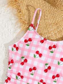 SHEIN 少女樱桃格子吊带连体泳衣，带系带裙摆，两件套，学生海滩度假温泉甜美清新泳装 - 粉色 - 查看 4