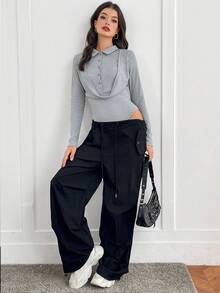 Rina Fox Women's Solid Color Draped Button Fitted Elegant Long Sleeve Bodysuit - Light Grey - View 7