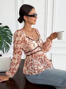 SHEIN Frenchy 女士休闲树叶花卉印花收腰撞色V领长袖衬衫，春季完美之选。花卉衬衫，女士度假装，女士休闲衬衫，优雅女士衬衫，女士外出上衣，情人节，春季女士度假胜地 - 彩色 - 查看 3
