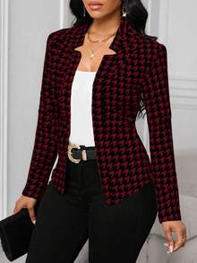 SHEIN Lady Áo blazer nữ thanh lịch, họa tiết kẻ caro, kiểu dáng mở phía trước, màu đen và đỏ, thích hợp cho công sở và sinh hoạt thường ngày. - Màu Đỏ Sâu - Xem 3