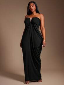 Radiana 大码女式纯色性感优雅褶皱抹胸连衣裙，适合宴会、盛宴、晚宴、复古风、节日、音乐会、嘉年华、郊游等各种场合。 - 黑色 - 查看 2