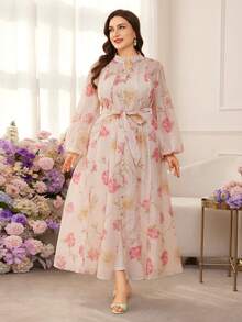 Modelyn 大码女士优雅印花V领灯笼袖系带修身度假连衣裙，春夏款 - 杏色 - 查看 3