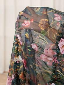 Modelyn 大码女士优雅印花V领长袖系带修身连衣裙 - 墨綠色 - 查看 3