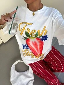 Muchica Women's Letter & Strawberry Print Round Neck Short Sleeve T-Shirt And Striped Pants Casual Suit - Red - View 7