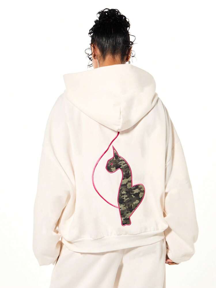 BABYPHAT Women's Oversized Cropped Zip Through Hoodie With Camouflage Print Detail And Drawstring Hood For Casual Streetwear Style Fall Winter Comfort Hoodies Y2k Cropped Hoodie Women Baby Phat Cropped Hoodie Cropped Zip Up Hoodie