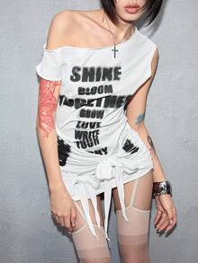 ROMWE Y2K 前卫吸睛的系带半透明性感不对称肩部女士迷你连衣裙 - 白色 - 查看 10