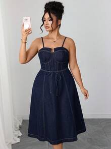 Elenzga 大码女士优雅舒适深蓝色无弹力牛仔吊带连衣裙 - 深色水洗藍 - 查看 6