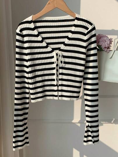 SHEIN EZwear 大码休闲条纹系带长袖开衫，春秋季