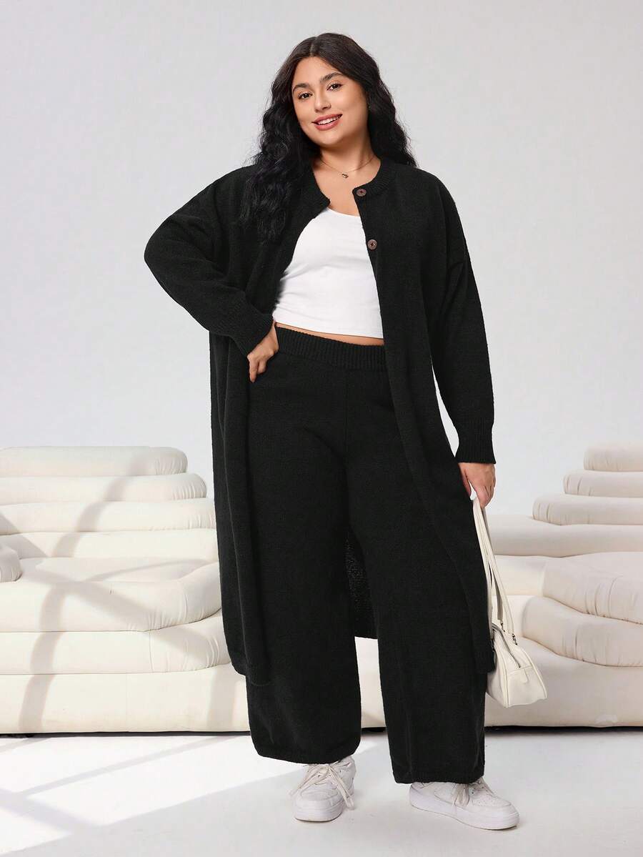 Solflare Plus Size Casual Solid Color Button-Front Cardigan And Pants Set, Autumn/Winter - Black - View 1