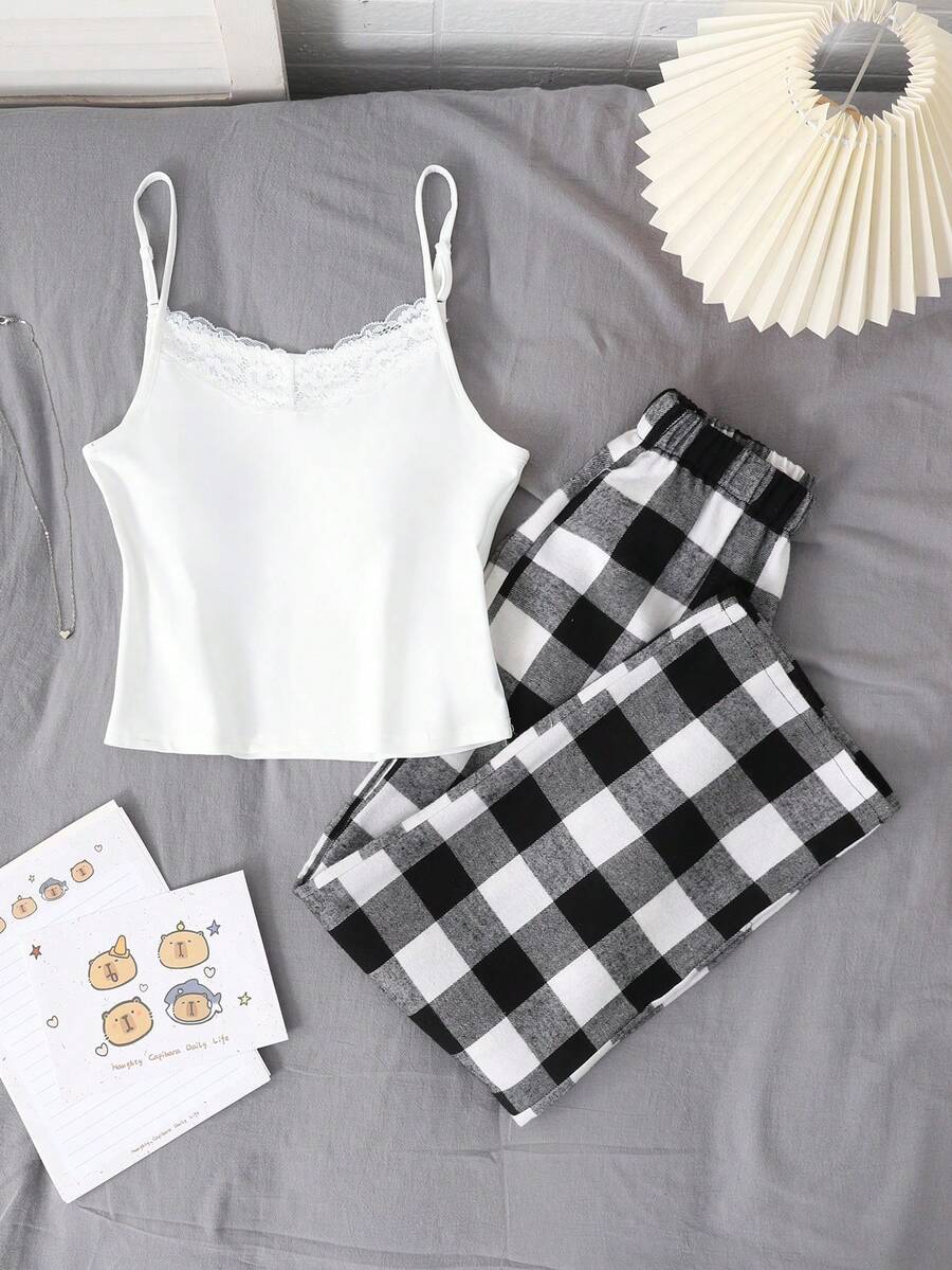 SHEIN 少女简约蕾丝边可调节吊带背心和格子裤休闲睡衣套装，2件套，法式优雅风格