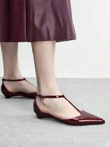 CUCCOO BIZCHIC 女士咖啡色尖头低跟露跟鞋，简约优雅百搭休闲通勤鞋，适合工作办公室穿着，春秋季 - 鏡面酒紅225 - 查看 7