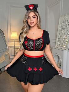 Plus Size Women's Contrast Lace Short Sleeve Top With Matching Headpiece, Lingerie Set