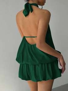 Aloruh Women's Solid Color Pleated Halter Backless Sleeveless Mini Dress - Dark Green - View 2