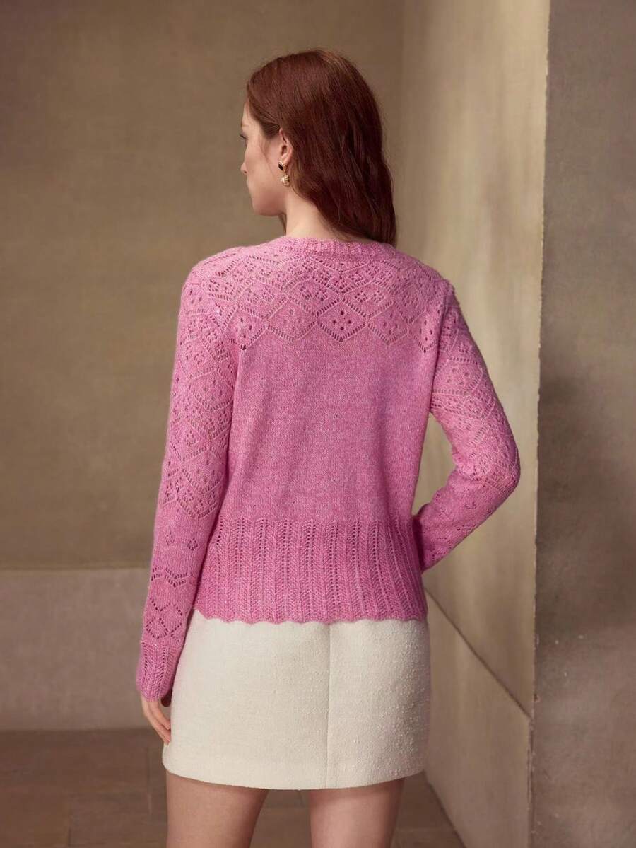 MOTF PREMIUM PINK POINTELLE KNIT SEQUIN RHINESTONE DETAIL BUTTON UP CARDIGAN - Pink - View 2