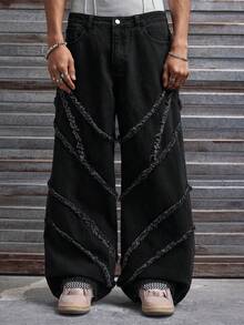 AXEPEAK 男士水洗拼接宽松休闲裤，时尚长裤 - 黑色 - 查看 1