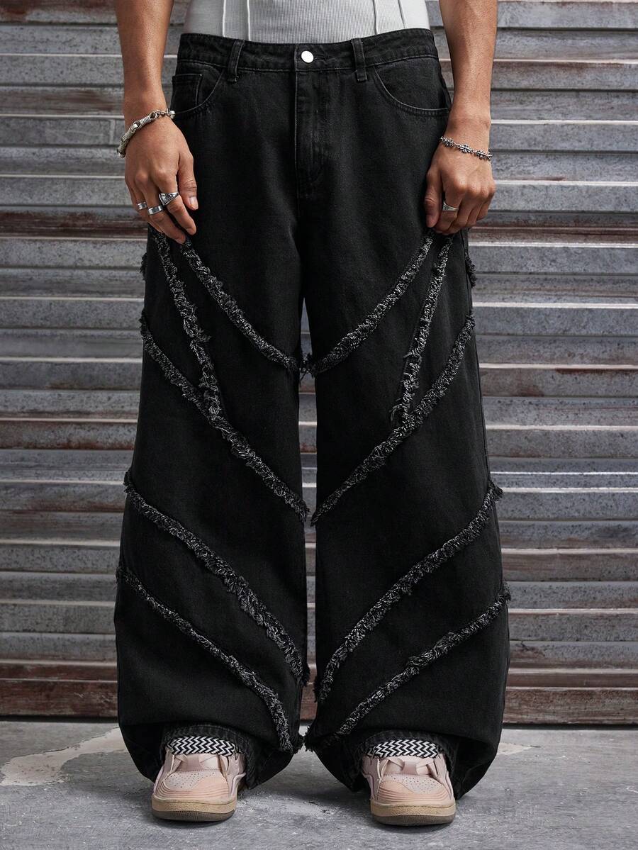 AXEPEAK 男士水洗拼接宽松休闲裤，时尚长裤 - 黑色 - 查看 1