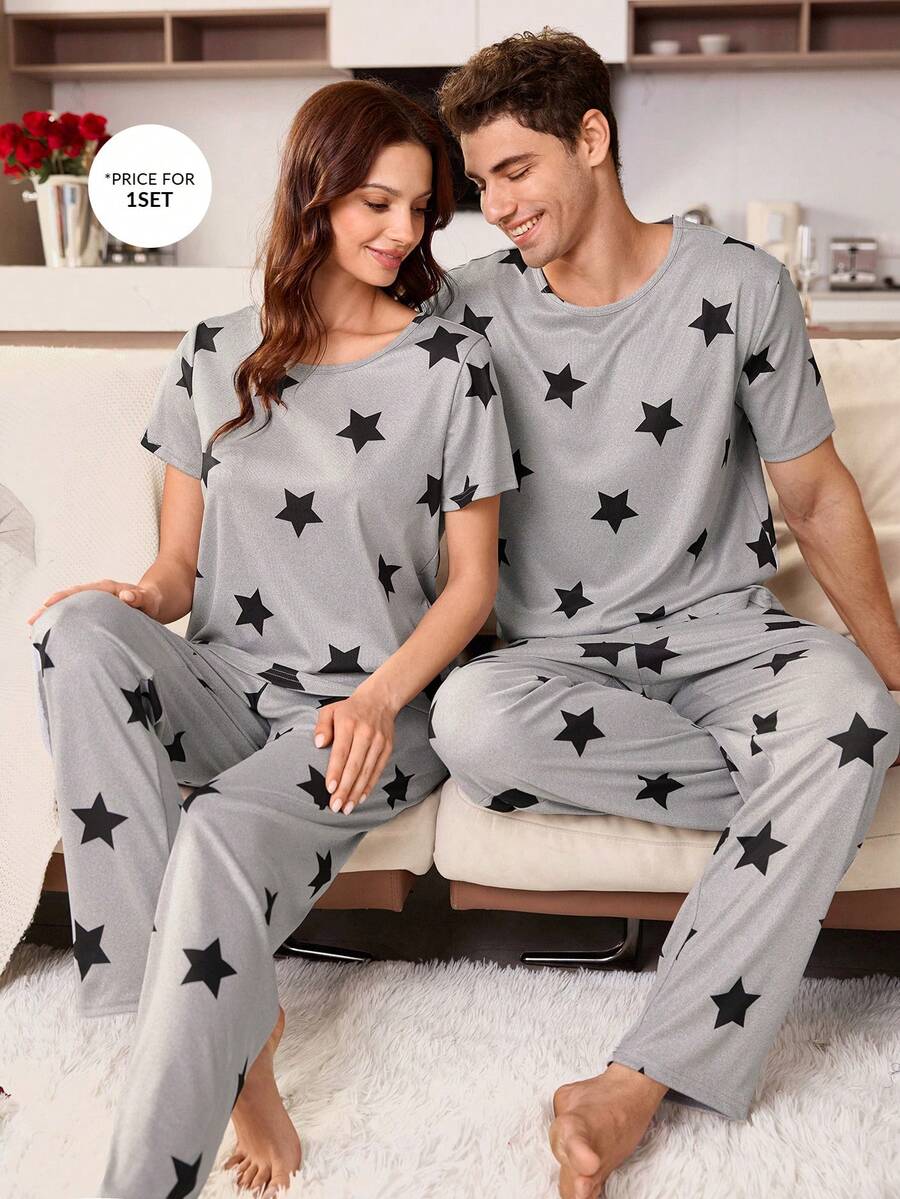 CoupledUp Star Print Short Sleeve Pants Men Pajama Set - Grey - View 1