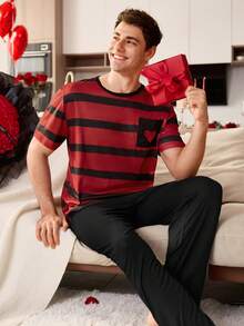 SHEIN Striped Print Patch Pocket Embroidered Men Short Sleeve Pajama Set - Multicolor - View 3