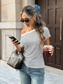 Pariaura Playful Sexy Black & White Striped Off-Shoulder Top - Ruffled One-Shoulder Spring Summer Stylish Fitted Tee Retro Elegant Black & White Striped Off-Shoulder Top - Ruffled One-Shoulder Spring Summer Versatile Fitted Top Girlish Black & White Striped Off-Shoulder Top - Ruffled One-Shoulder Spring Summer Exquisite Fitted Tee - Black and White - View 4