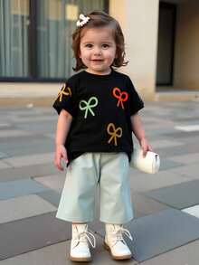 女婴甜美可爱时尚蝴蝶结装饰短袖黑色上衣搭配纯绿色裤子休闲简约夏季T恤套装 - 黑色 - 查看 7
