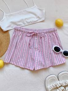SHEIN EZwear Quần short nữ ống rộng kẻ sọc hồng. - Hồng - Xem 4