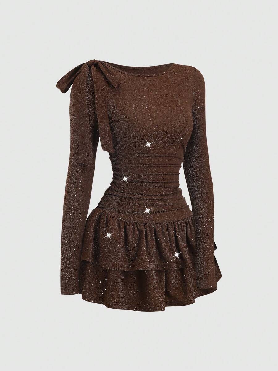 Sweetra Đầm ngắn trễ vai thắt nơ thanh lịch dành cho nữ, chất liệu bóng, thích hợp cho tiệc tùng, sự kiện trang trọng, đi làm hoặc mặc hàng ngày. - màu nâu - Xem 1