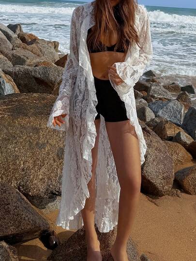 Livesso Blommig spets lapptäcke med volangkant för kvinnor, långärmad kimonotopp för semestern