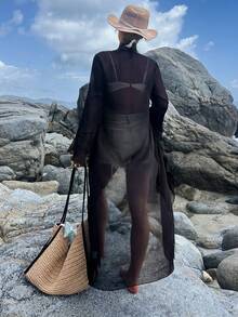 Livesso Women's Vacation Beach Sheer Mesh Ruffle Hem Long Shirt - Black - View 8