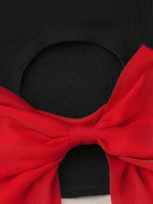 SHEIN Tween Girls Solid Color Contrast Fitted Cropped Backless Organza Bow Decor Short Sleeve T-Shirt, Fashionable French Elegant, Back To School, Y2K, Sweet & Cool Lady Style Summer Outfits