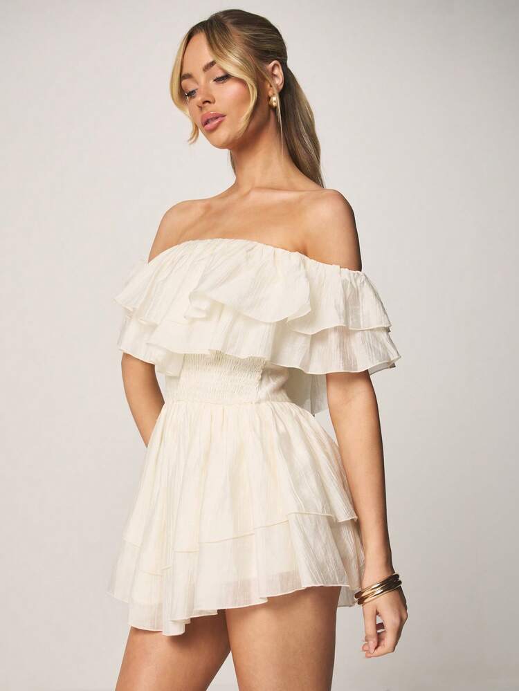 MISSGUIDED Off Shoulder Ruffle Tiered Mini Dress With Elastic Waist And Bardot Neckline For Spring Summer Occasions