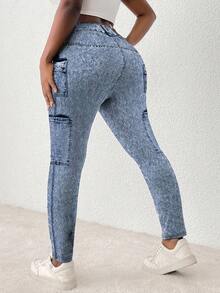 INAWLY Plus Size Women Tight Casual Digital Print Jeggings For Spring & Autumn Fall Cloth For Women - Blue - View 2