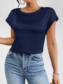 Firerie Áo sơ mi satin tay cánh dơi màu trơn dành cho nữ - Màu xanh hải quân - Xem 4