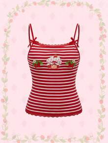 Strawberry Shortcake | ROMWE Women's Summer Fashion Striped Contrast Lace Strawberry Print Camisole Top - Multicolor - View 1