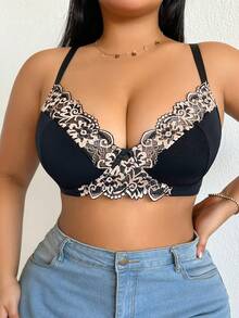 DesireSculpt 大码蕾丝拼接钢圈文胸，性感舒适时尚全罩杯文胸，宽肩带设计，适合约会和派对穿着 - 杏色 - 查看 5