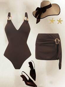 Swim Oasis 2026新款春夏纯色特殊面料连体泳衣带裙，沙滩度假休闲泳装套装 - 棕色 - 查看 1