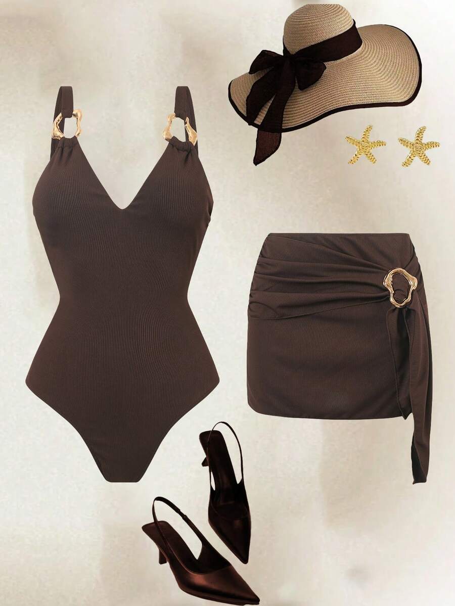Swim Oasis 2026新款春夏纯色特殊面料连体泳衣带裙，沙滩度假休闲泳装套装 - 棕色 - 查看 1